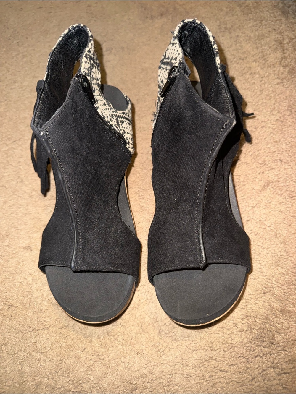Very G Black Suede Peep-Toe Heels with Snake-Print Back